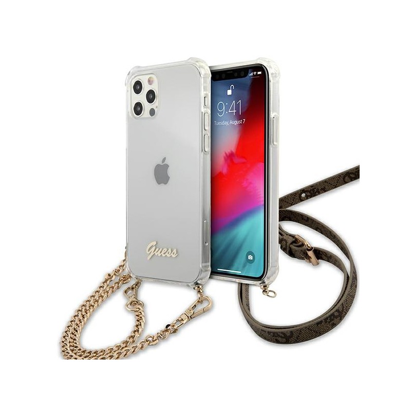 cover guess iphone 12 /12 pro trasparente con catena gold cover guess iphone 12 /12 pro trasparente con catena gold