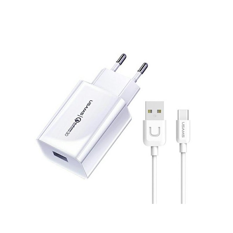 caricabatterie usams 18W usb completo di cavo usb-c bianco caricabatterie usams 18W usb completo di cavo usb-c bianco
