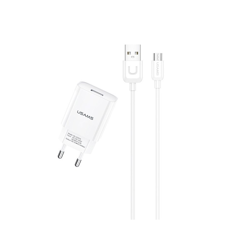 caricabatterie usams 2,1 A usb completo di cavo microusb bianco