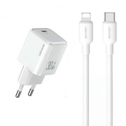 caricabatterie usams 30W usb-c fast charger completo di cavo lighting bianco