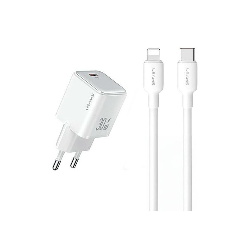 caricabatterie usams 30W usb-c fast charger completo di cavo lighting bianco