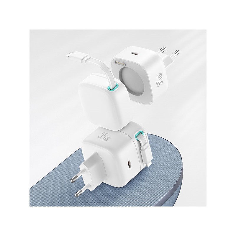 caricabatterie usams 35W usb-c fast charger completo di cavo lighting retraibile bianco caricabatterie usams 35W usb-c fast charger completo di cavo lighting retraibile bianco
