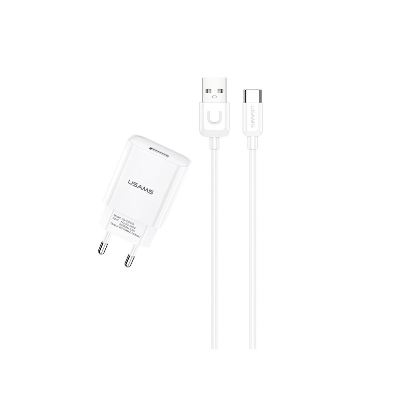 caricabatterie usams 2,1A usb completo di cavo usb-c bianco