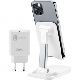 kit caricabaterie 20w usb-c e supporto da scricania universale per smartphone o tablet bianco