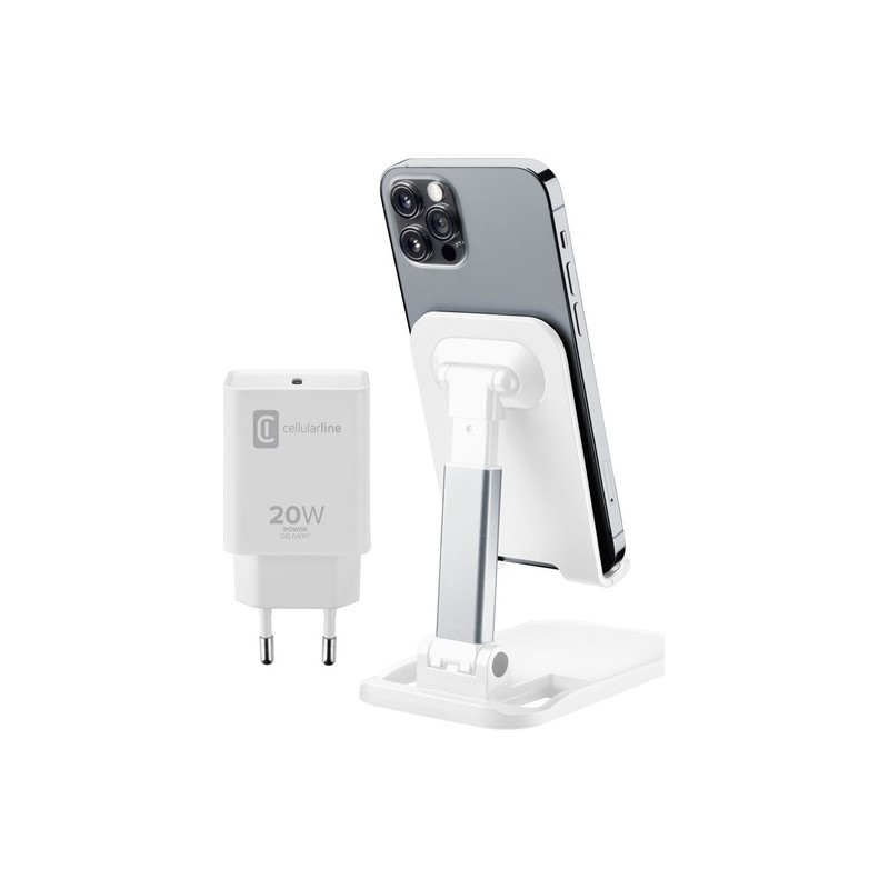 kit caricabaterie 20w usb-c e supporto da scricania universale per smartphone o tablet bianco