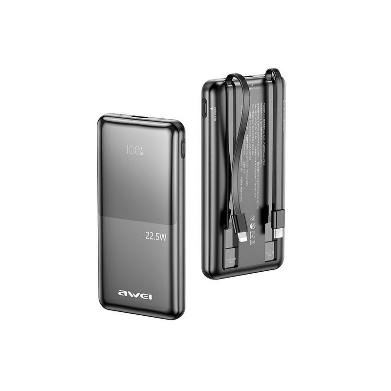 powerbank 10000 mAh 22,5w dual usb ultraslim nera cavo lightinh e usb-c incluso