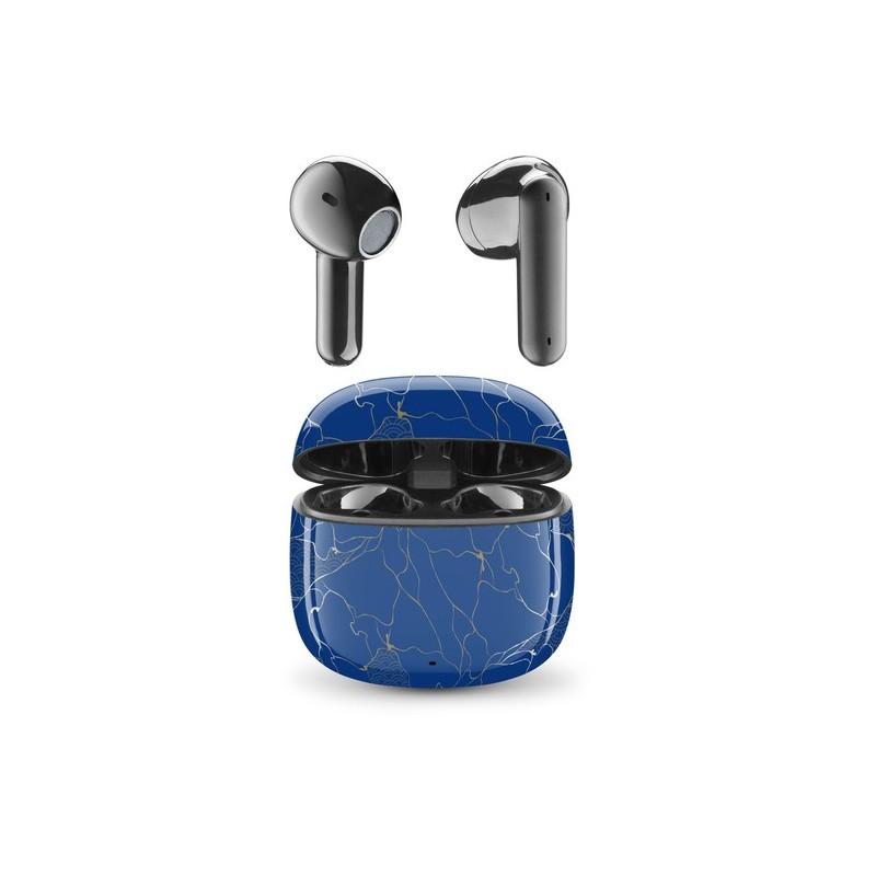 auricolare vivavoce bluetooth doppio con base di ricarica blu